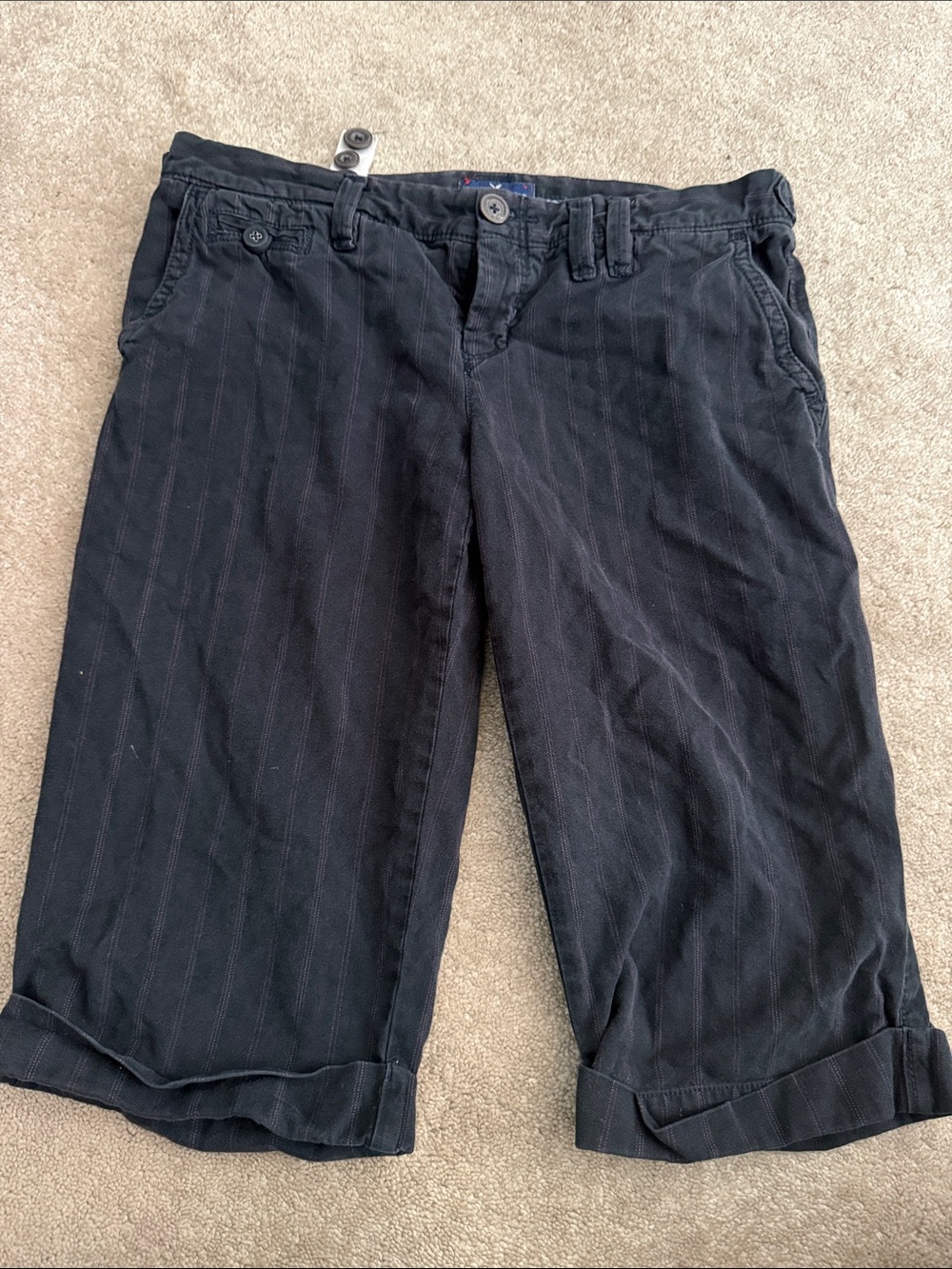 American Eagle Outfitters Dark Navy Pink Pinstripe Cuffed Bermuda Shorts